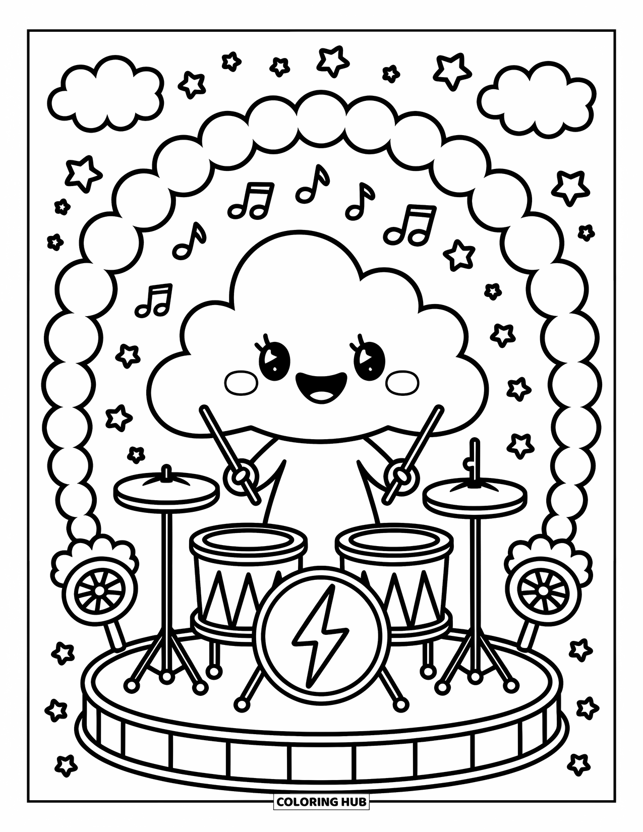 Weather Coloring Page for Adults: A thundercloud drums joyfully on fluffy clouds as musical notes and stars bounce nearby