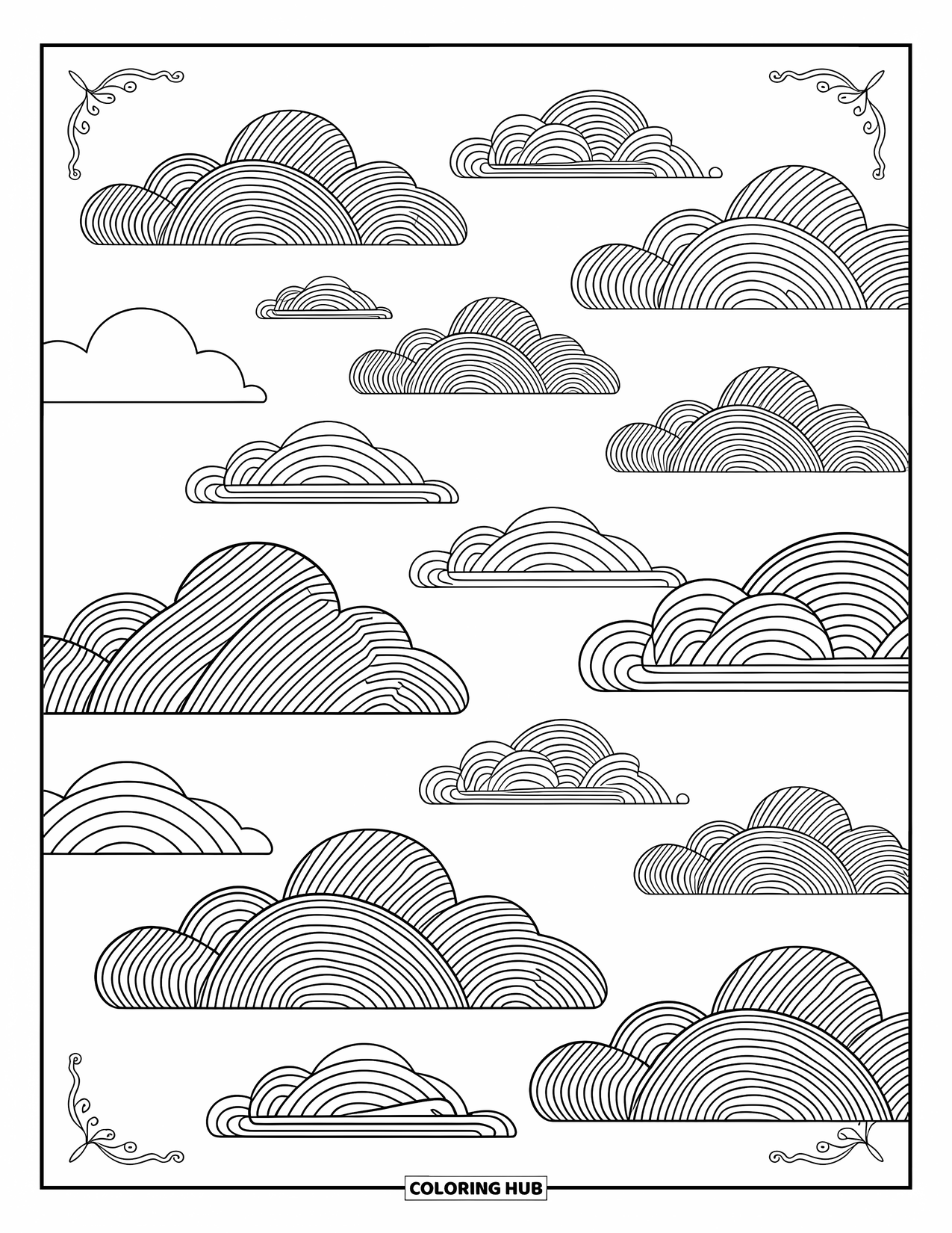 Weather Coloring Page for Adults: Different cloud types float across the sky, surrounded by swirling, patterned designs