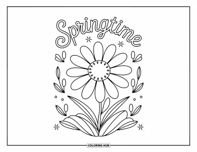 Säävärityskuva lapsille: Iso kukka kukkii kirkkaana sanan "SPRINGTIME" alla, pyörteineen ja lehtiineen