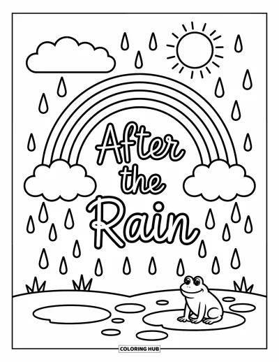 Säävärityskuva lapsille: Kirkas sateenkaari kaareutuu pörröisten pilvien yli, ja alla lukee "AFTER THE RAIN"