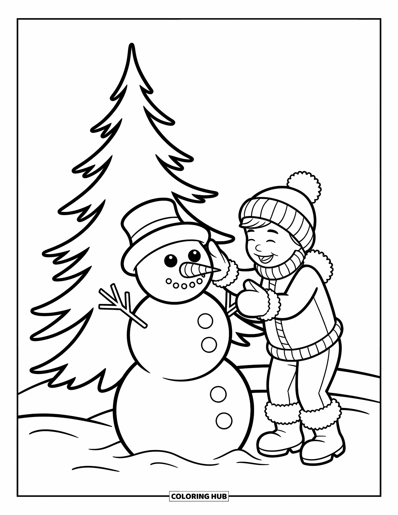 Weather Coloring Page for Kids: A cheerful child makes a snowman near a tall pine with cozy winter gear