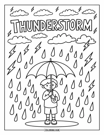 Säävärityskuva lapsille: Iloinen hahmo seisoo pisaroiden alla, ja yläpuolella lukee "THUNDERSTORM" leikkisin kirjaimin