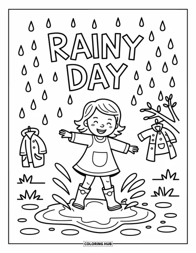 Säävärityskuva lapsille: Iloinen tyttö leikkii lätäköissä, kun "RAINY DAY" näkyy ylhäällä roiskumisineen