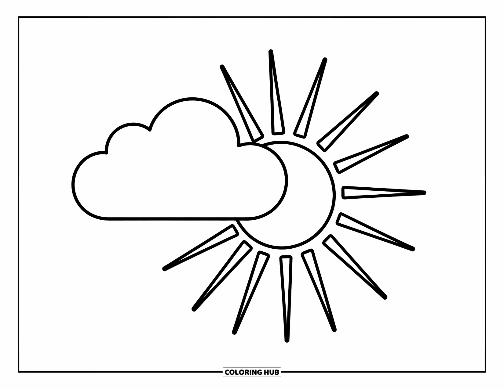 Weather Coloring Page for Kids: A cheerful sun peeks out from behind a cloud with big rays and soft curves