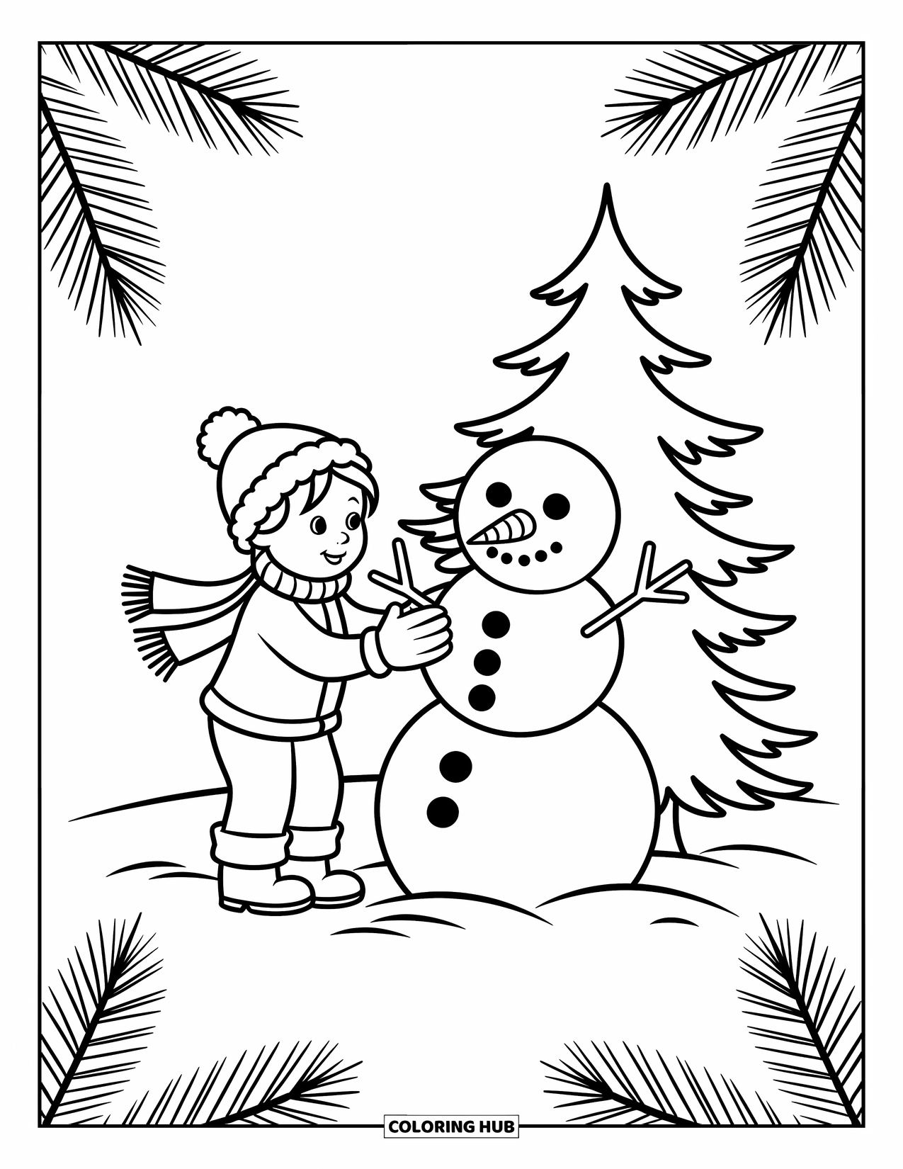 Weather Coloring Page for Kids: A child builds a snowman beside a pine tree with mittens and a carrot nose