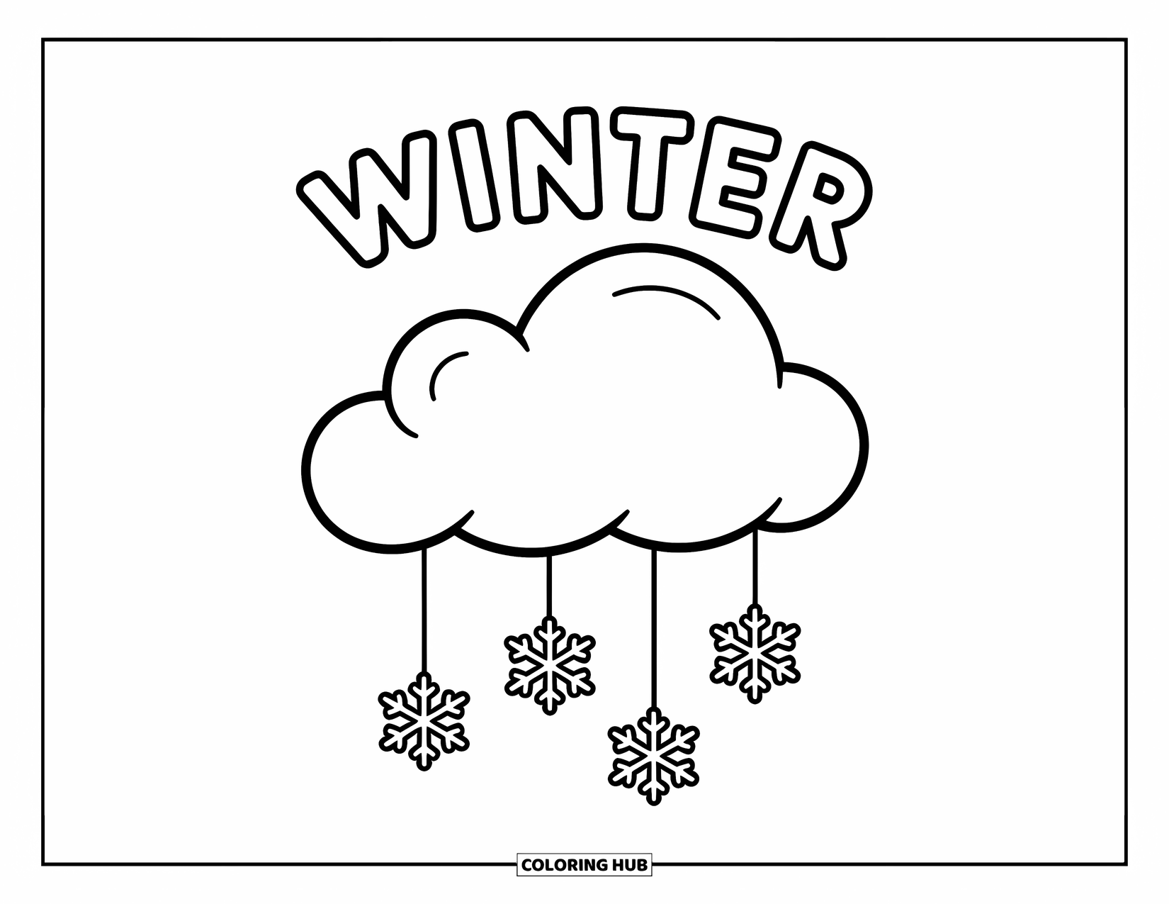 Weather Coloring Page for Kids: A fluffy cloud floats while snowflakes fall beneath the word "WINTER" above