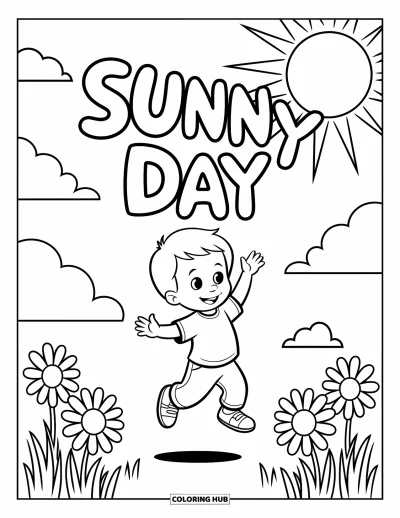 Säävärityskuva lapsille: Iloinen lapsi leikkii loistavan auringon alla, ja taivaalla lukee "SUNNY DAY"
