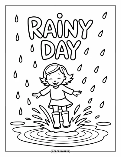 Säävärityskuva lapsille: Iloinen tyttö hyppii lätäköissä, kun "RAINY DAY" leijuu hänen yläpuolellaan lihavilla kirjaimilla