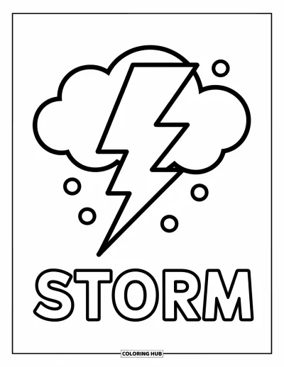 Säävärityskuva lapsille: Salamaviiru syöksyy pörröisestä pilvestä, kun "STORM" seisoo rohkeana taivaalla