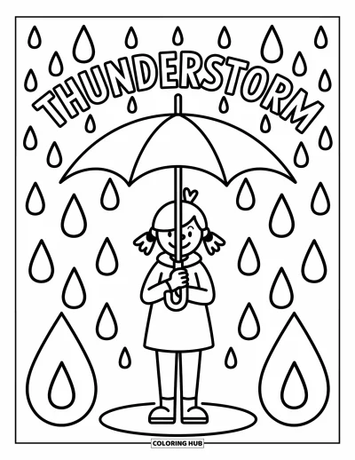 Säävärityskuva lapsille: Henkilö seisoo sateenvarjon alla isojen pisaroiden valuessa, ja yläpuolella lukee "THUNDERSTORM"