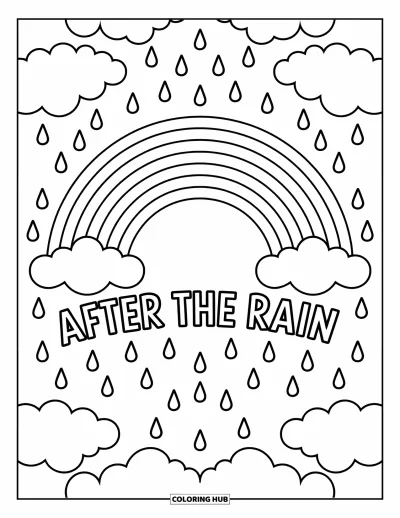 Säävärityskuva lapsille: Sateenkaari kaareutuu taivaalla, ja sen alla lukee sanat "AFTER THE RAIN"