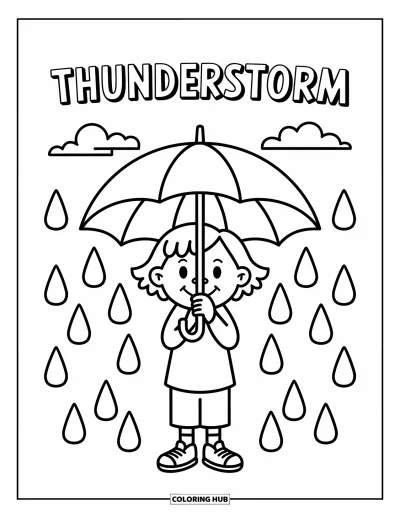 Säävärityskuva lapsille: Hymyilevä henkilö seisoo sateenvarjon alla pisaroiden valuessa, ja "THUNDERSTORM" leijuu yläpuolella