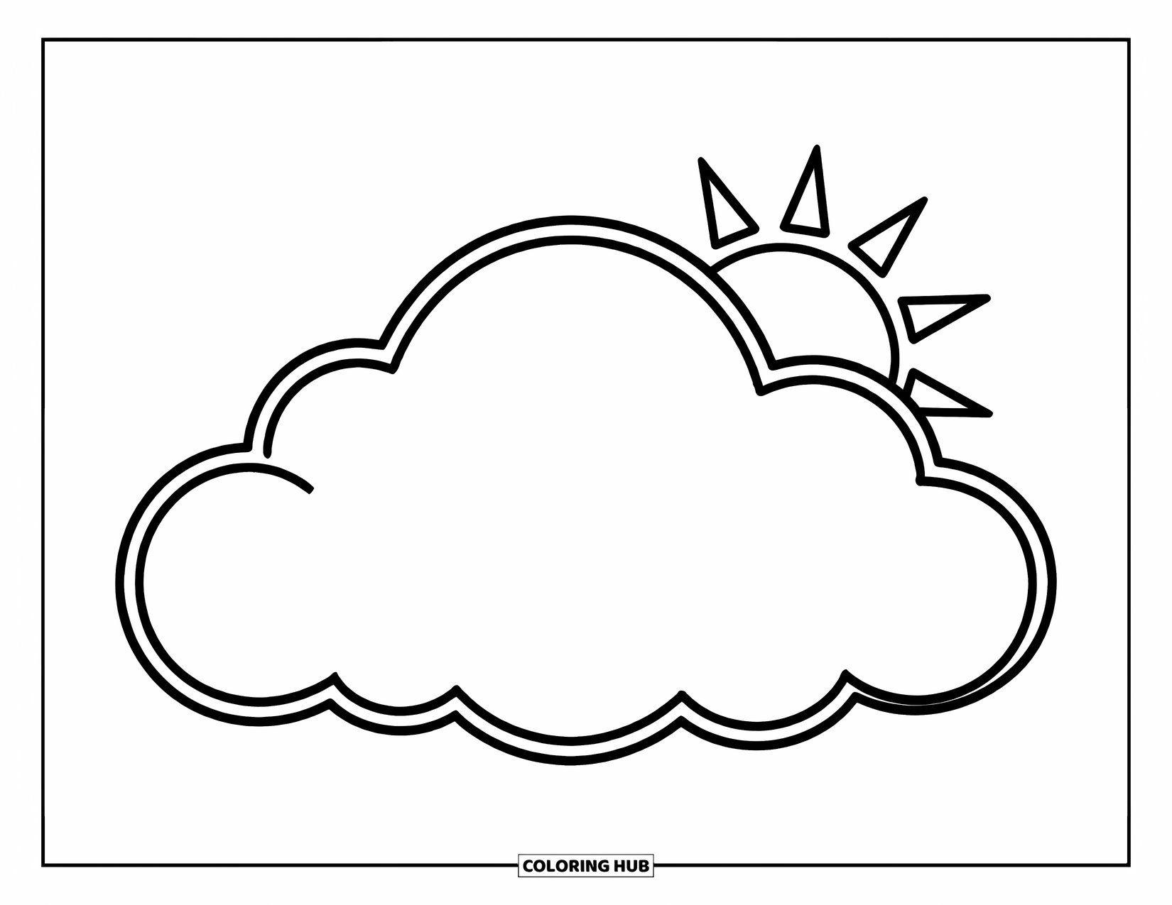 Weather Coloring Page for Kids: A smiling sun peeks behind a cloud, filling the sky with a warm and happy feel