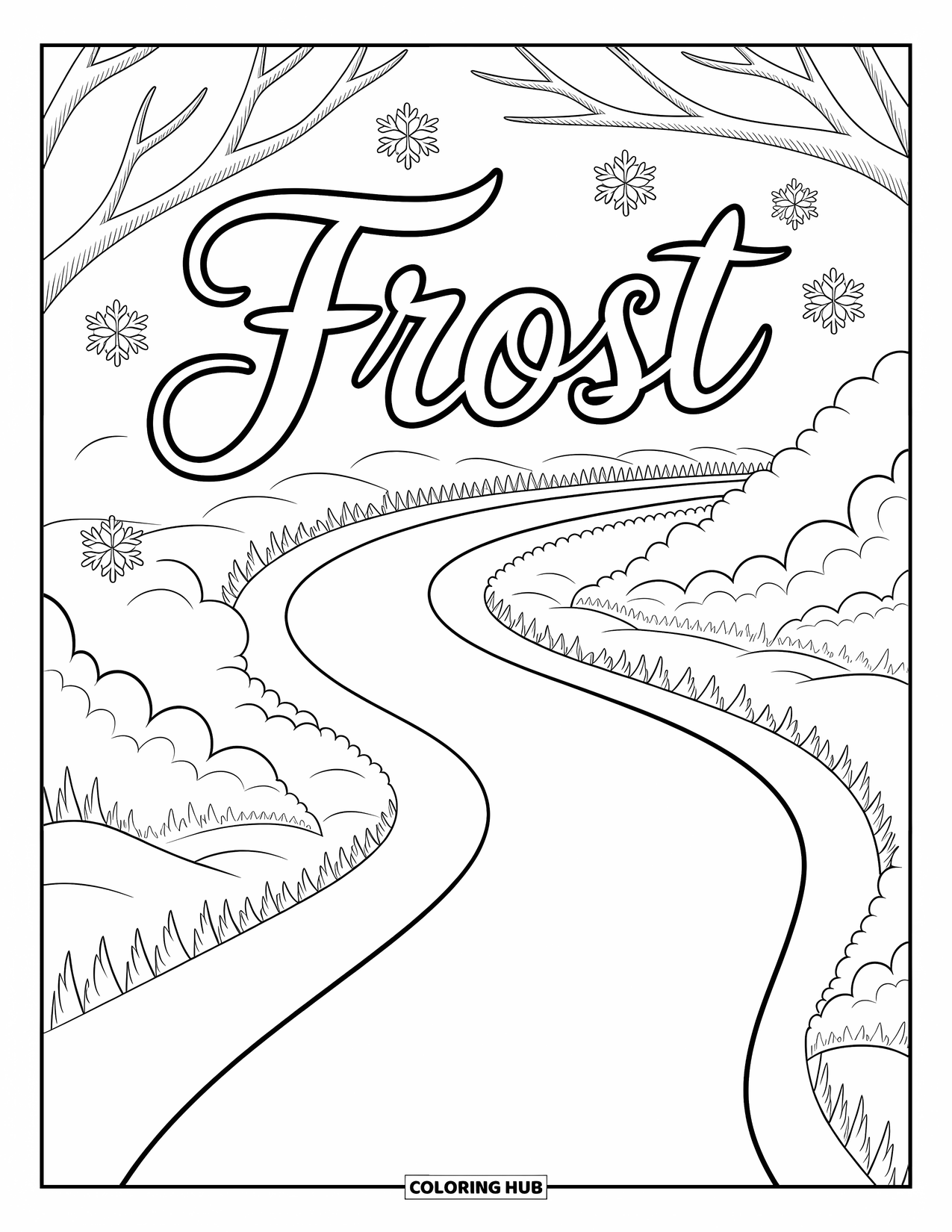 Weather Coloring Page for Kids: A snowy trail winds through the forest beneath arching trees and the word "FROST