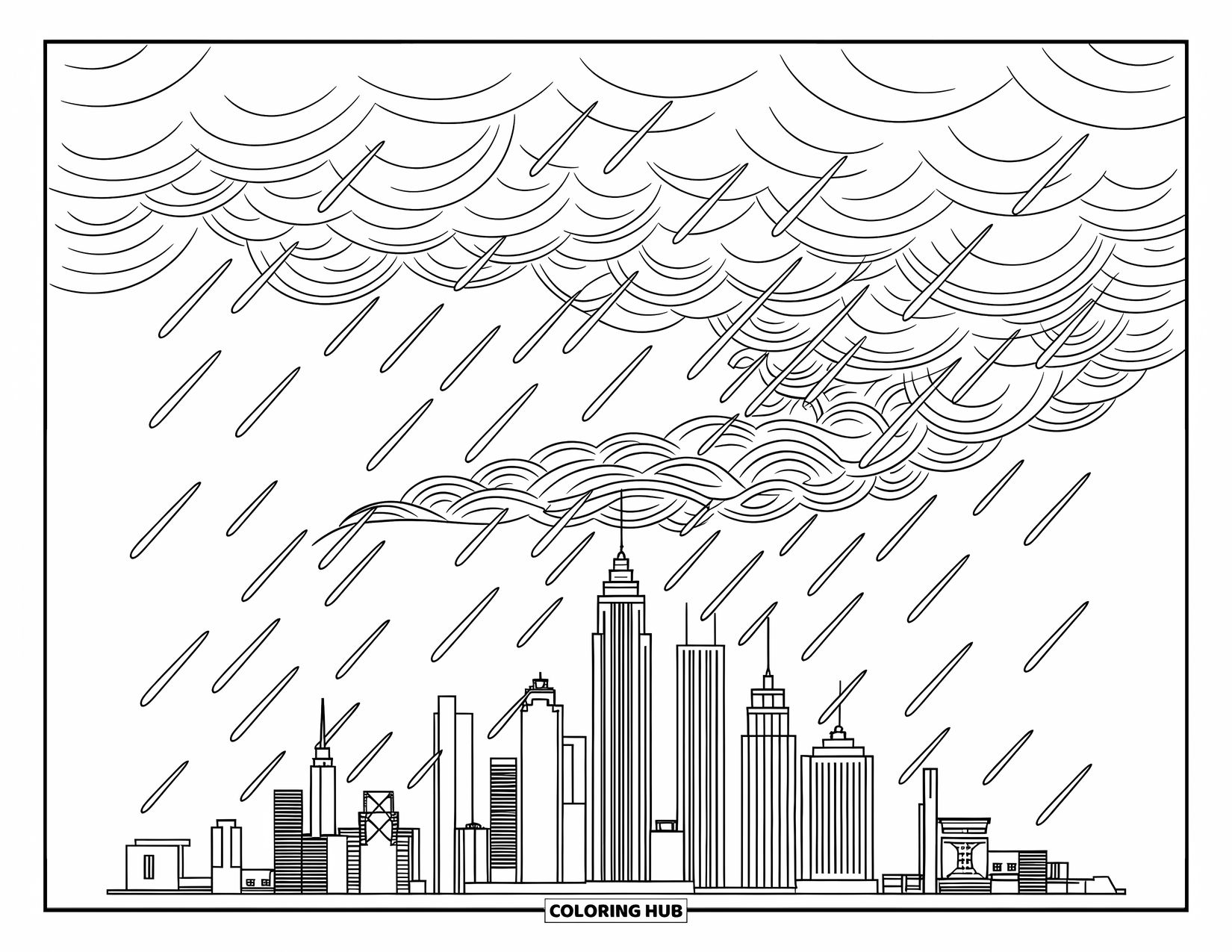 Weather Coloring Page for Kids: A storm swirls around a city skyline as winds twist between tall buildings
