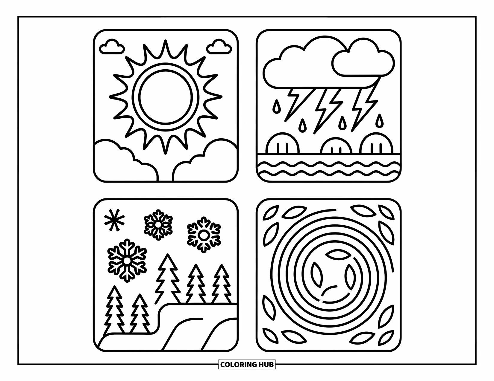 Weather Coloring Page for Kids: Each season comes alive with sunny rays, raindrops, snow swirls, and breezy gusts