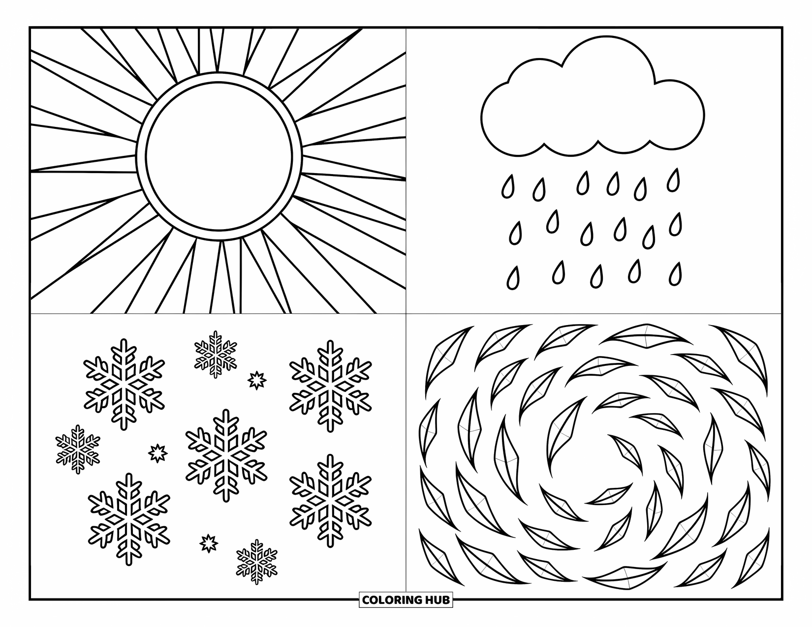 Weather Coloring Page for Kids: Four scenes show the seasons with sunshine, rain, snowflakes, and swirling wind