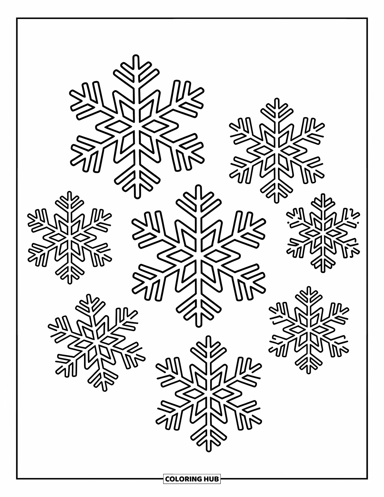 Weather Coloring Page for Kids: Intricate snowflakes dance in the air, each with a one-of-a-kind design