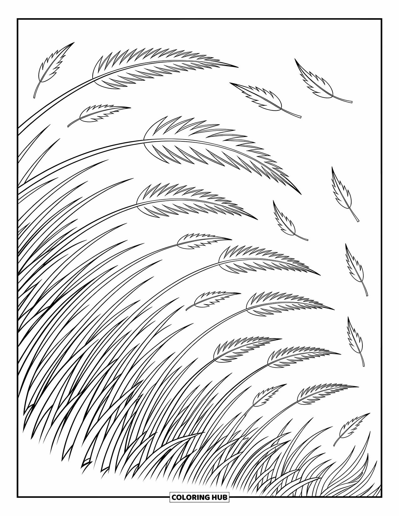 Weather Coloring Page for Kids: Leaves twist through the air as wind sweeps across swaying grass