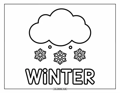 Säävärityskuva lapsille: Lumihiutaleet putoavat pilvestä, ja alla lukee "WINTER" iloisin kirjaimin