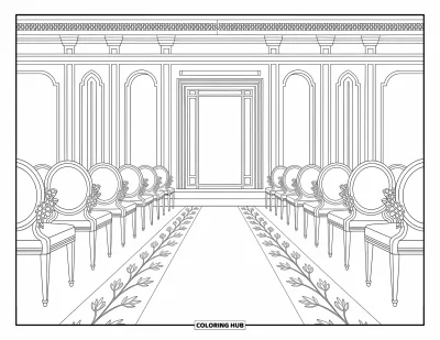 Wedding Coloring Page for Adults: Aisle runners, floral accents, and chairs form a peaceful wedding ceremony layout