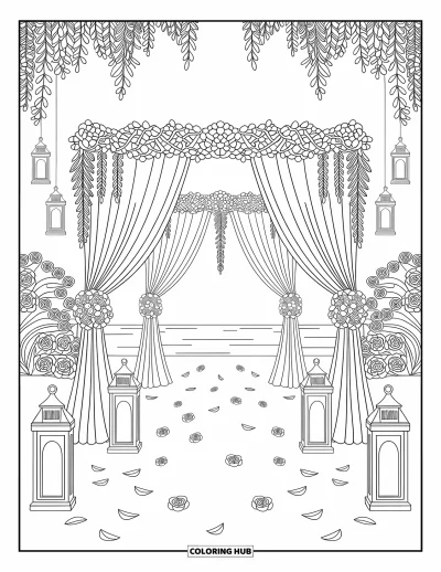 Wedding Coloring Page for Adults: Beach canopy with hanging lanterns, rose petals, and flowing drapes