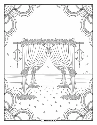 Wedding Coloring Page for Adults: Beachside canopy with flowing drapes, hanging lights, and floral patterns