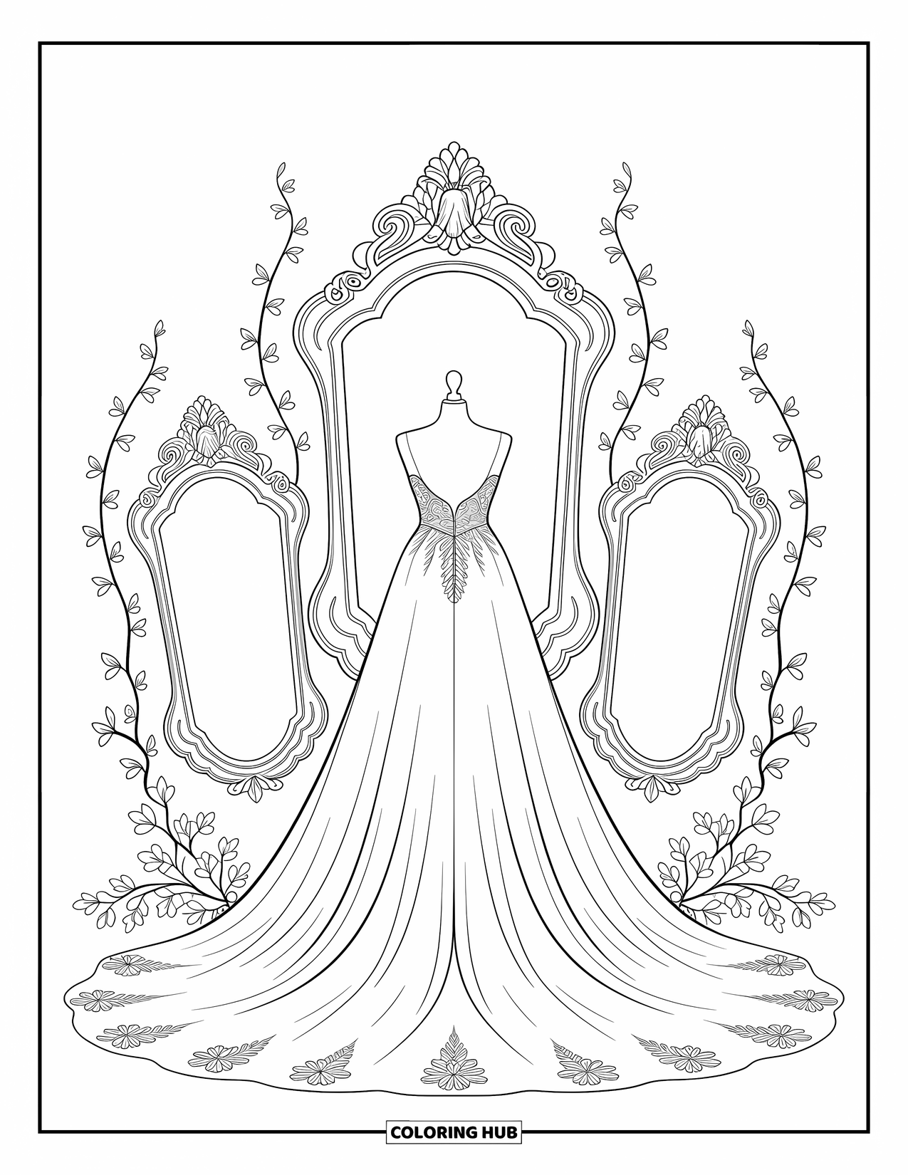 Wedding Coloring Page for Adults: Bridal gown on a mannequin surrounded by vintage mirrors and floral vines
