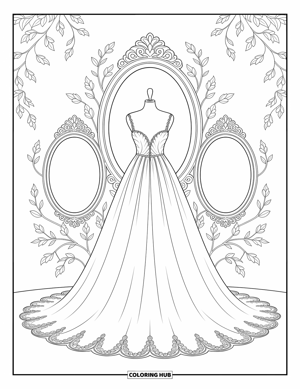 Wedding Coloring Page for Adults: Bridal gown on a mannequin surrounded by vintage mirrors and floral vines