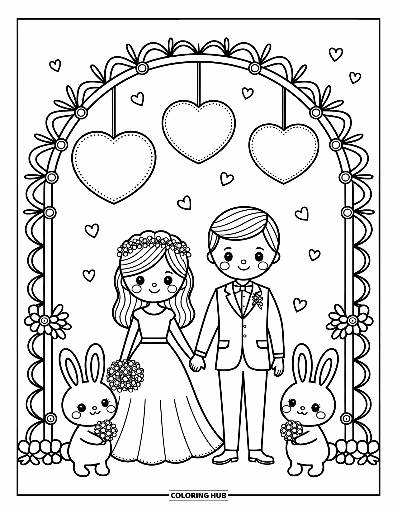 Wedding Coloring Page for Adults: Bride and groom share a moment under heart lanterns with two bunny guests