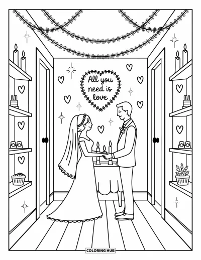 Wedding Coloring Page for Adults: Couple stands at a sweet altar surrounded by hearts, stars, and candlelit shelves