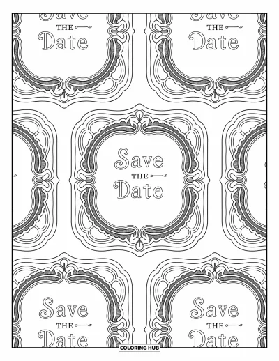 Wedding Coloring Page for Adults: Elegant cards with filigree borders, calligraphy, and intricate swirling background designs
