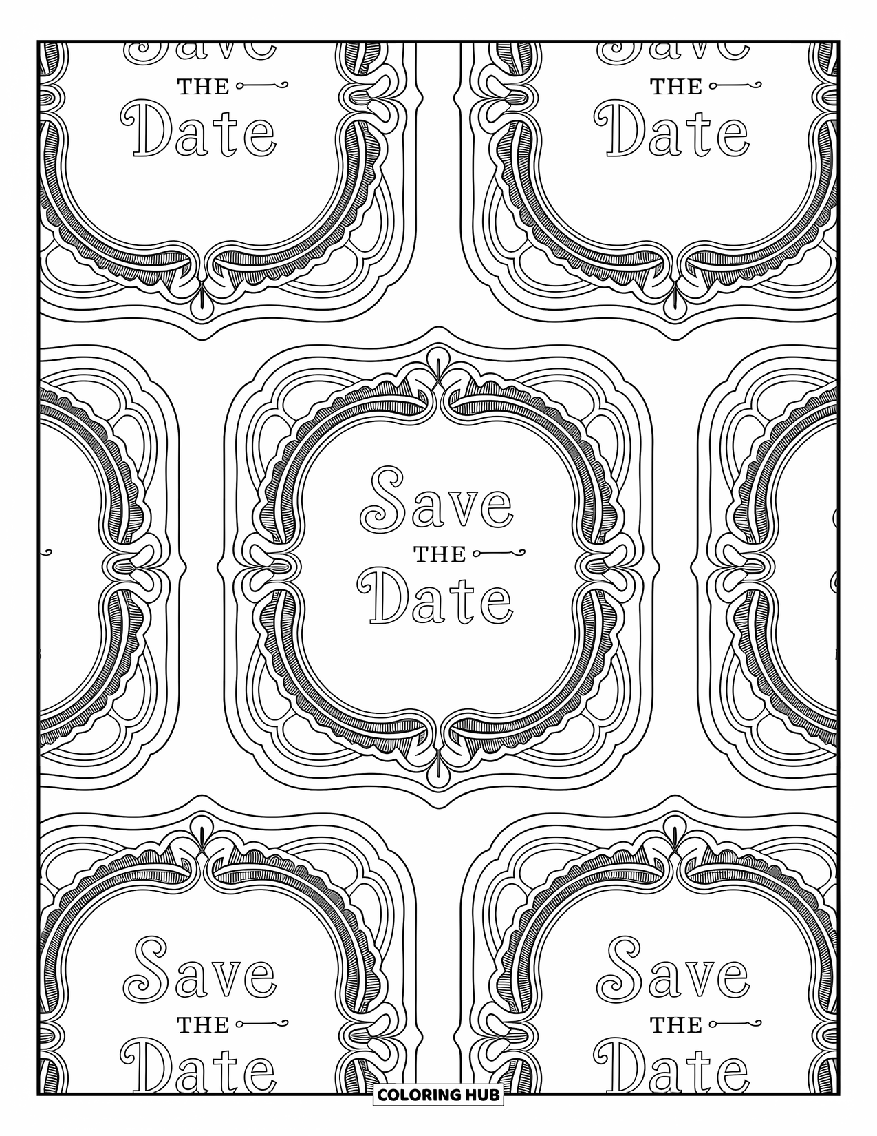 Wedding Coloring Page for Adults: Elegant cards with filigree borders, calligraphy, and intricate swirling background designs