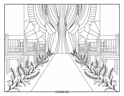 Wedding Coloring Page for Adults: Elegant ceremony setup with rows of chairs, aisle details, and floral touches