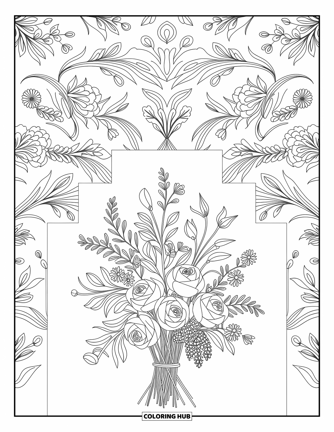 Wedding Coloring Page for Adults: Floral arrangement with assorted blooms and swirling botanical patterns on a wooden table