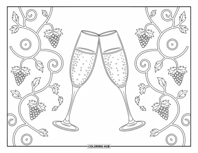 Wedding Coloring Page for Adults: Flutes wrapped in vines rest in an intricate grape-filled border