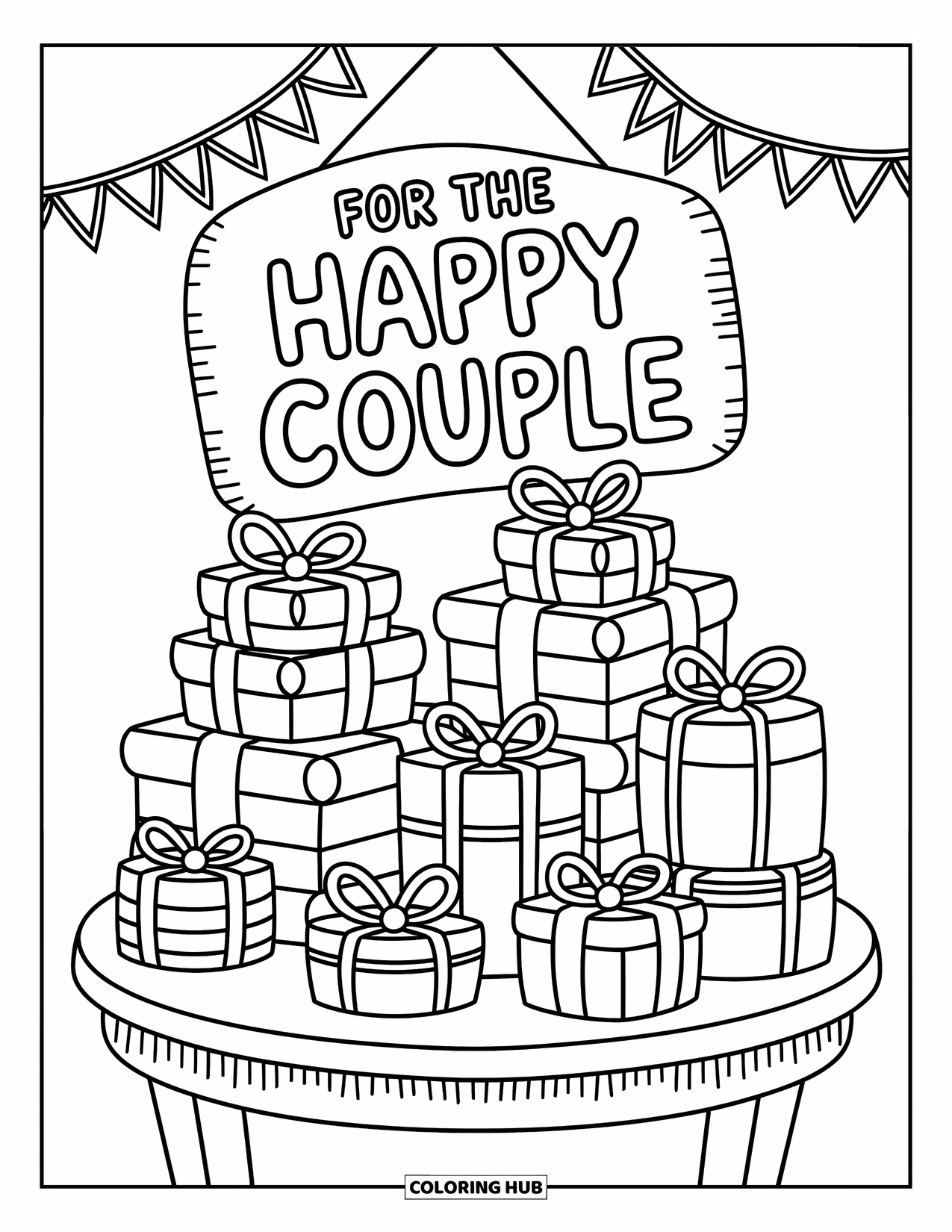 Wedding Coloring Page for Adults: Gift table stacked with cute presents and a sign that says ìFor the Happy Couple