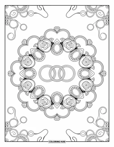 Wedding Coloring Page for Adults: Mandala filled with rings, roses, lace, and delicate decorative flourishes