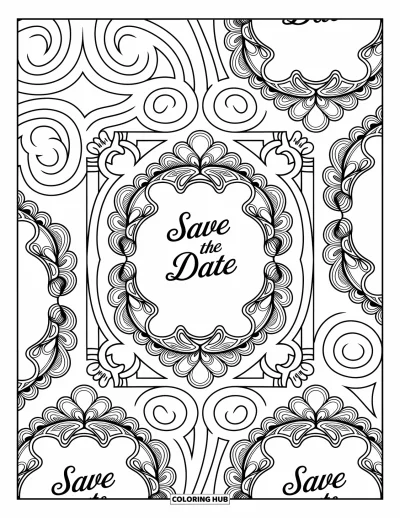 Wedding Coloring Page for Adults: Ornamental save-the-date cards with filigree borders and swirling decorative patterns