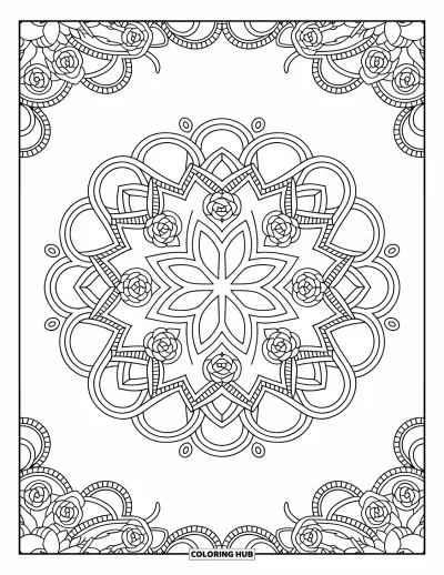 Wedding Coloring Page for Adults: Rings and roses entwined in a mandala with swirling floral patterns