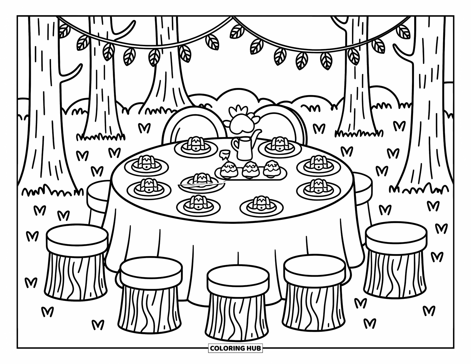 Wedding Coloring Page for Adults: Round table set in the woods with pastries, pillows, and leafy decorations overhead