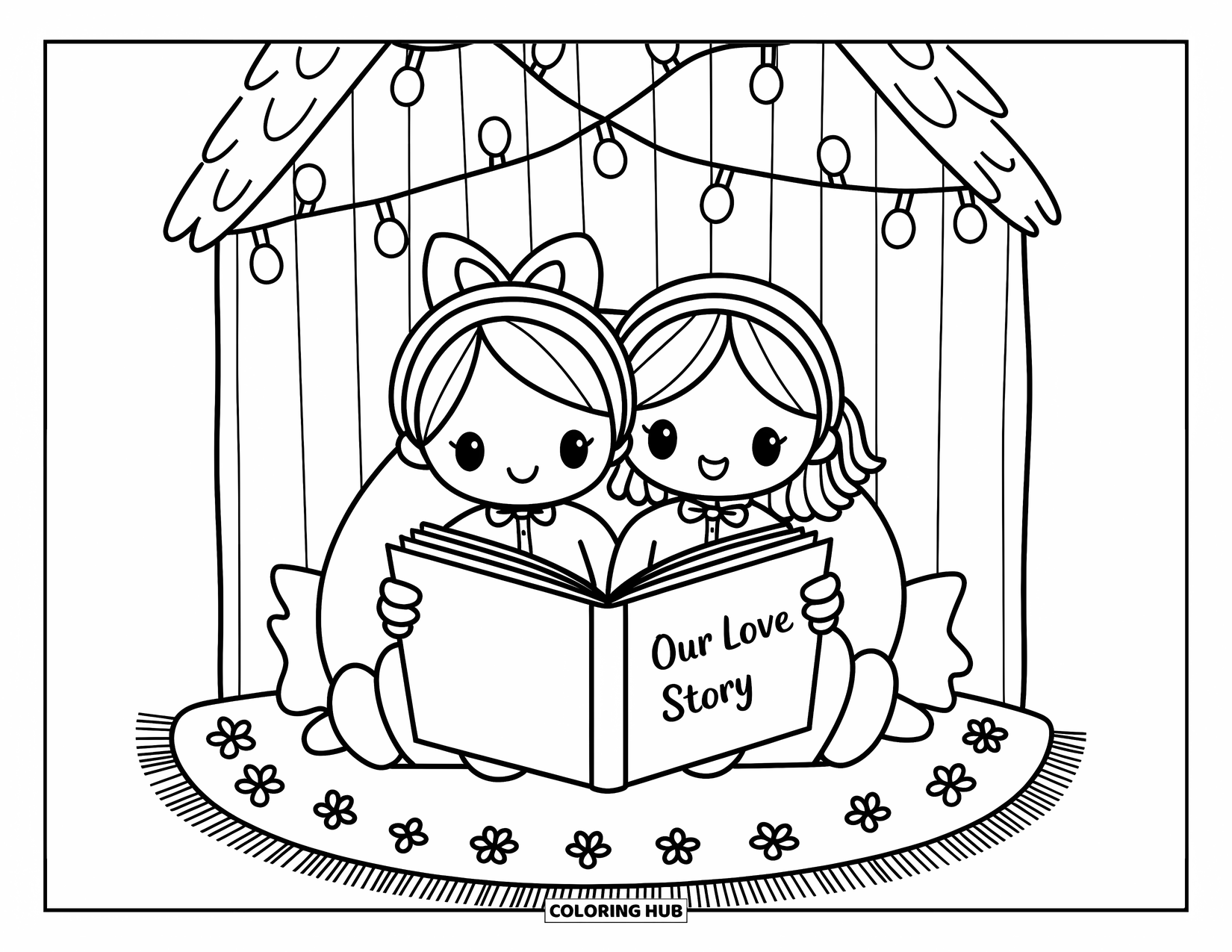 Wedding Coloring Page for Adults: Sweet couple reads together in a cozy cottage corner with fairy lights above