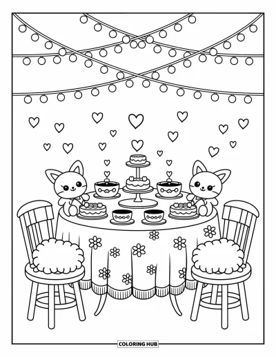 Wedding Coloring Page for Adults: Tea party scene with cakes, heart steam, and chibi animals on cushions