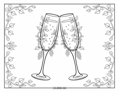 Wedding Coloring Page for Adults: Two elegant champagne flutes wrapped in vines and grapes sit within a swirling border