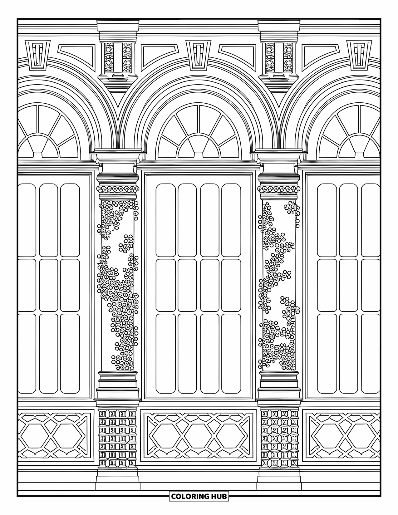 Wedding Coloring Page for Adults: Vintage venue with arched windows, ivy walls, and elegant stonework details