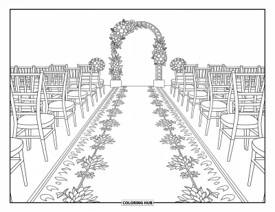 Wedding Coloring Page for Adults: Wedding aisle with chairs and floral lacework arranged in a detailed design
