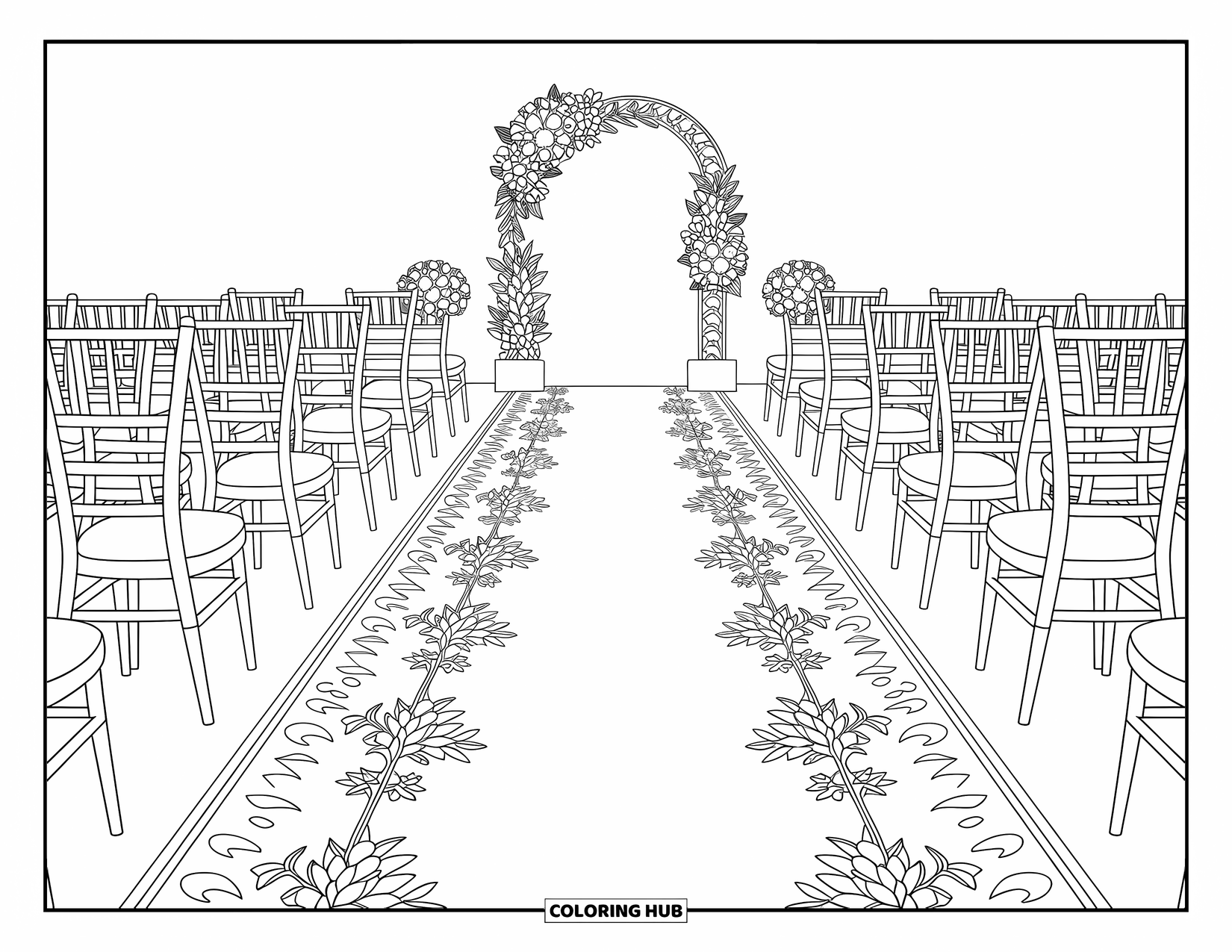 Wedding Coloring Page for Adults: Wedding aisle with chairs and floral lacework arranged in a detailed design