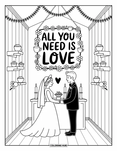 Wedding Coloring Page for Adults: Wedding scene with a cute couple under a cozy sign surrounded by tiny hygge doodles