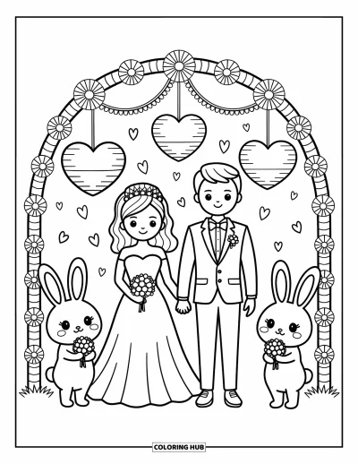 Wedding Coloring Page for Adults: Wedding scene with lanterns, petals, and bunnies beside the couple holding hands