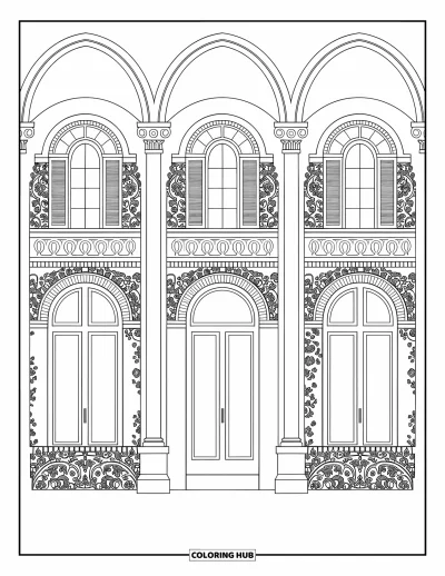 Wedding Coloring Page for Adults: Wedding venue with ivy, stonework, and swirling floral patterns around tall windows